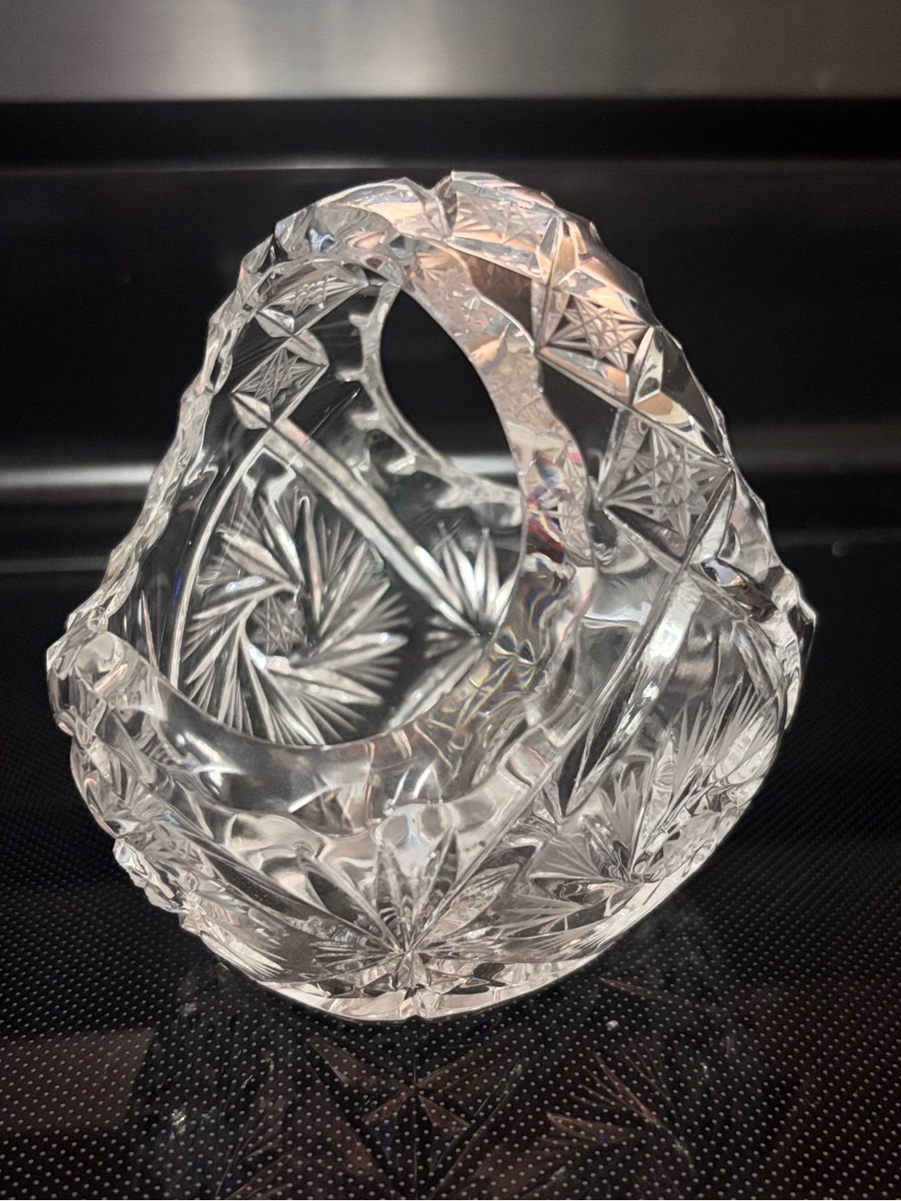 Vintage Leaded Cut‑Glass Crystal Basket – Starburst Pattern Sawtooth Rim